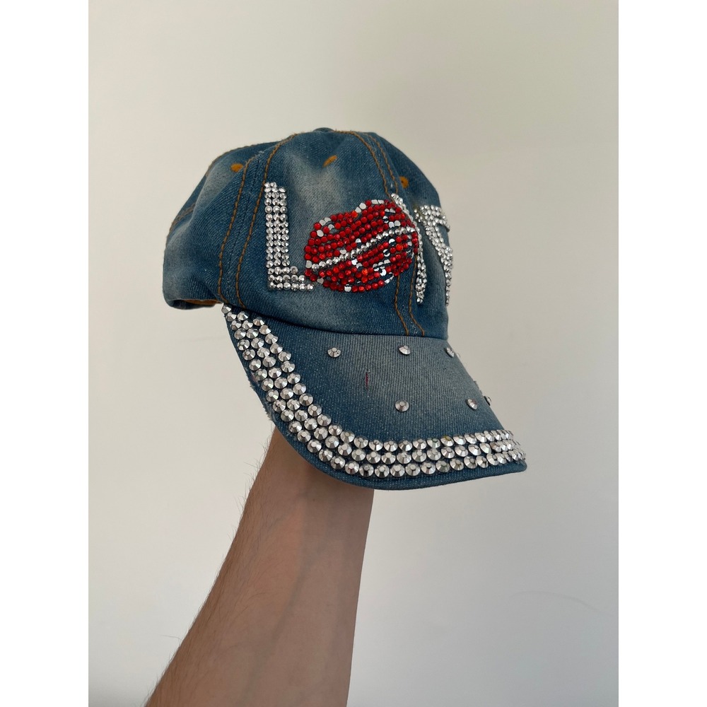 Vintage Denim LOVE Rhinestone Lip Baseball Cap Blue Distressed Bling Hat